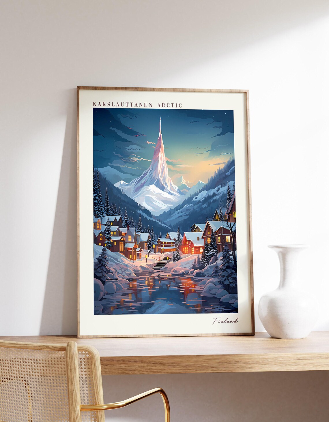 Kakslauttanen Arctic Finland Snowy Mountain Village Night Vintage Travel Poster