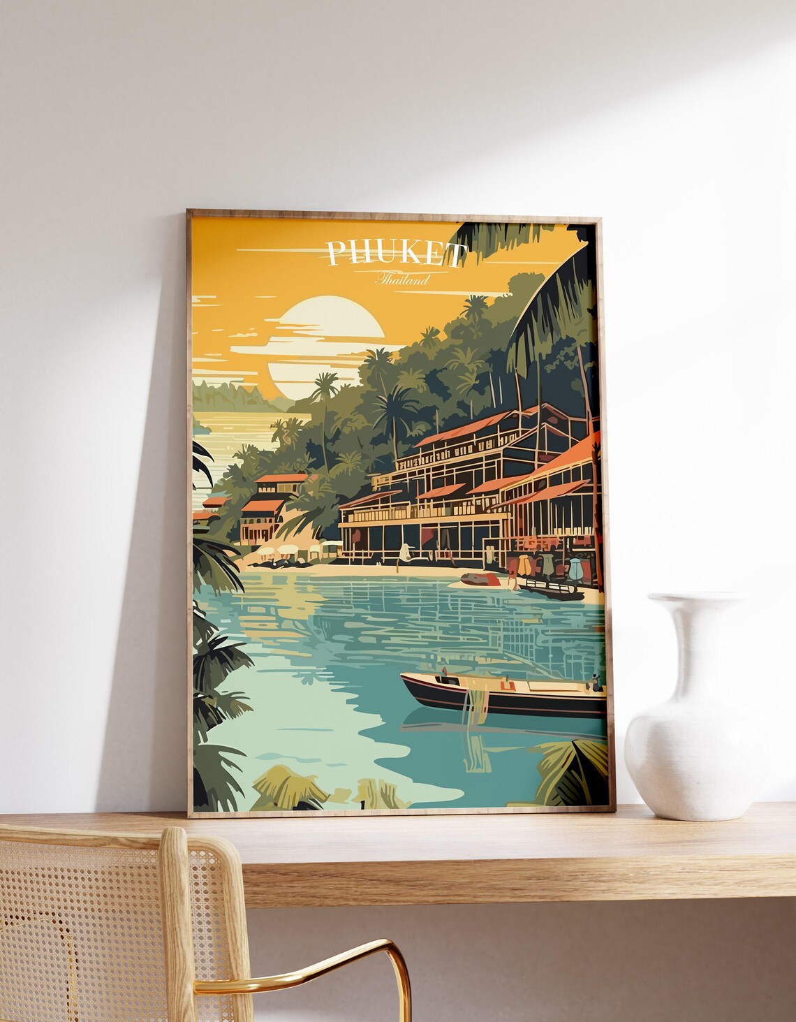 Phuket Thailand Tropical Beach Longtail Boat Sunset Vintage Travel Poster