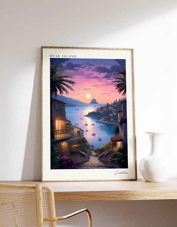 Hvar Island Croatia Pink Sunset Sailboat Harbor Travel Poster
