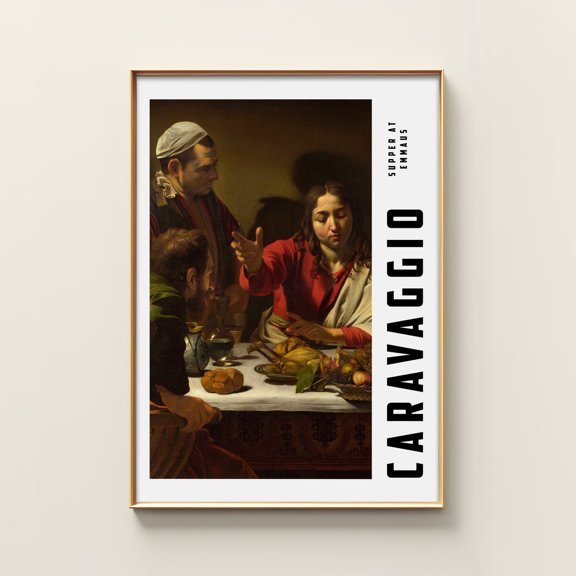 Caravaggio Supper At Emmaus Gold Frame Vertical Lettering Poster