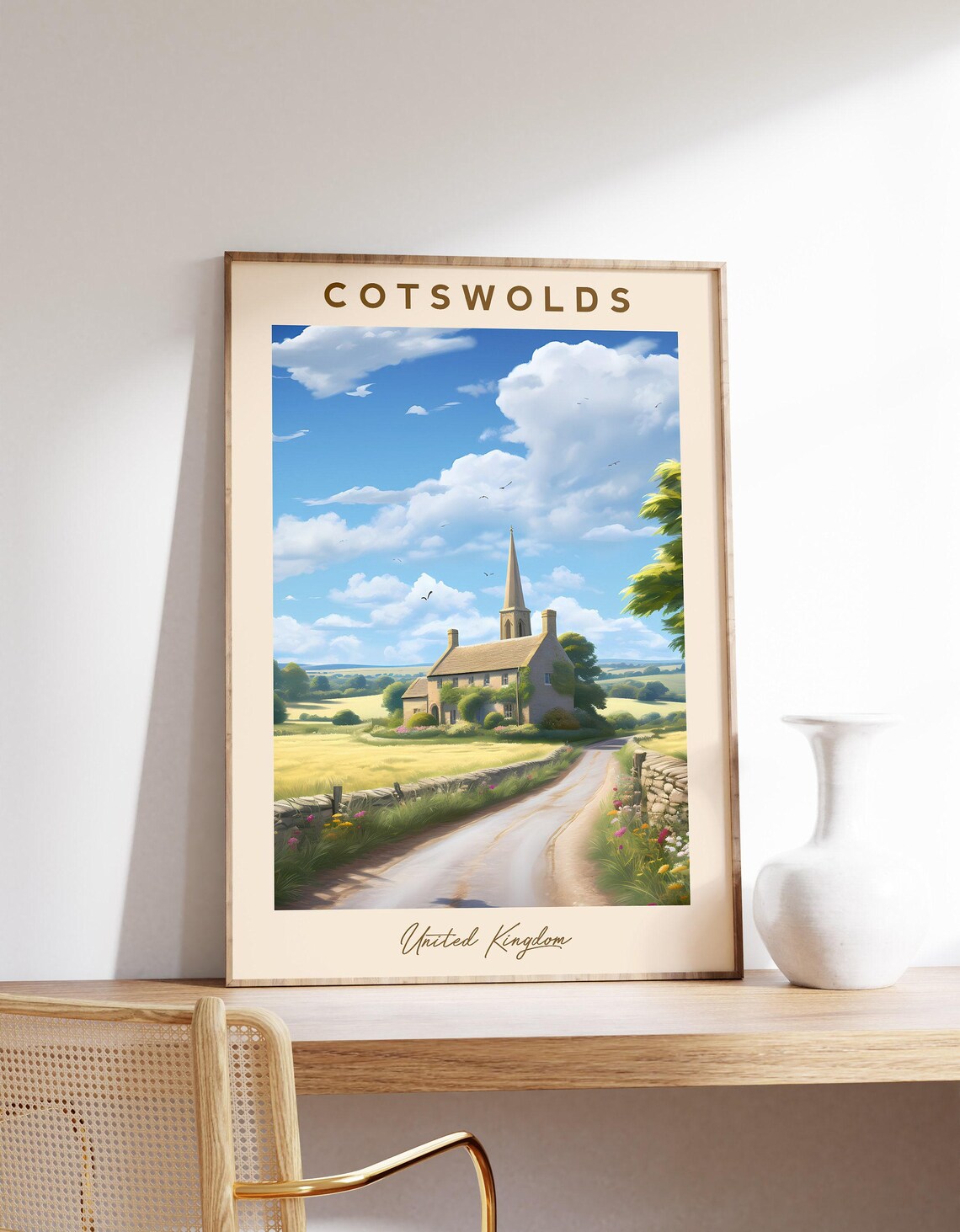 Cotswolds United Kingdom Countryside Church Road Scenic Poster