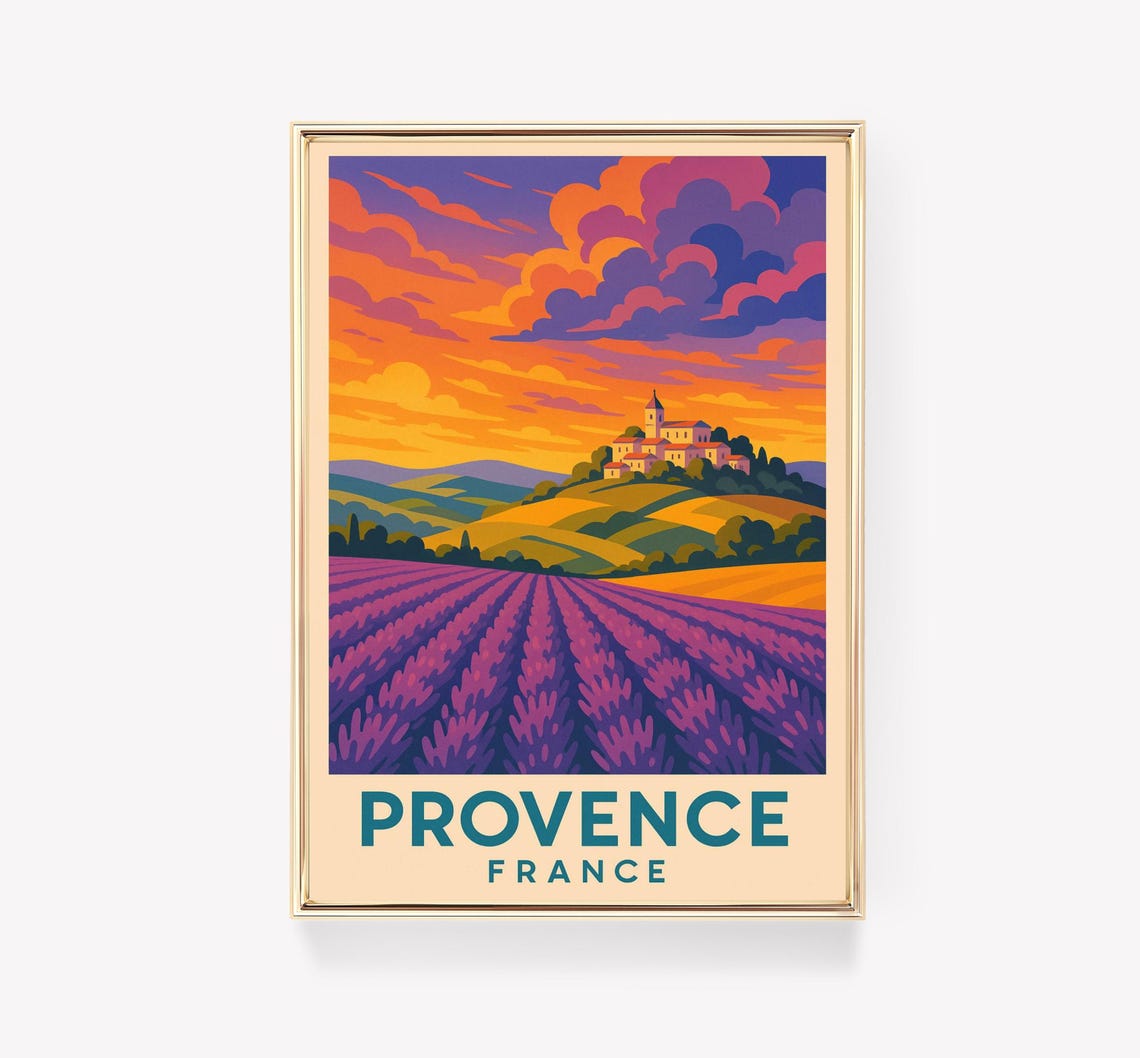 Provence France Lavender Field Sunset Vintage French Travel Poster