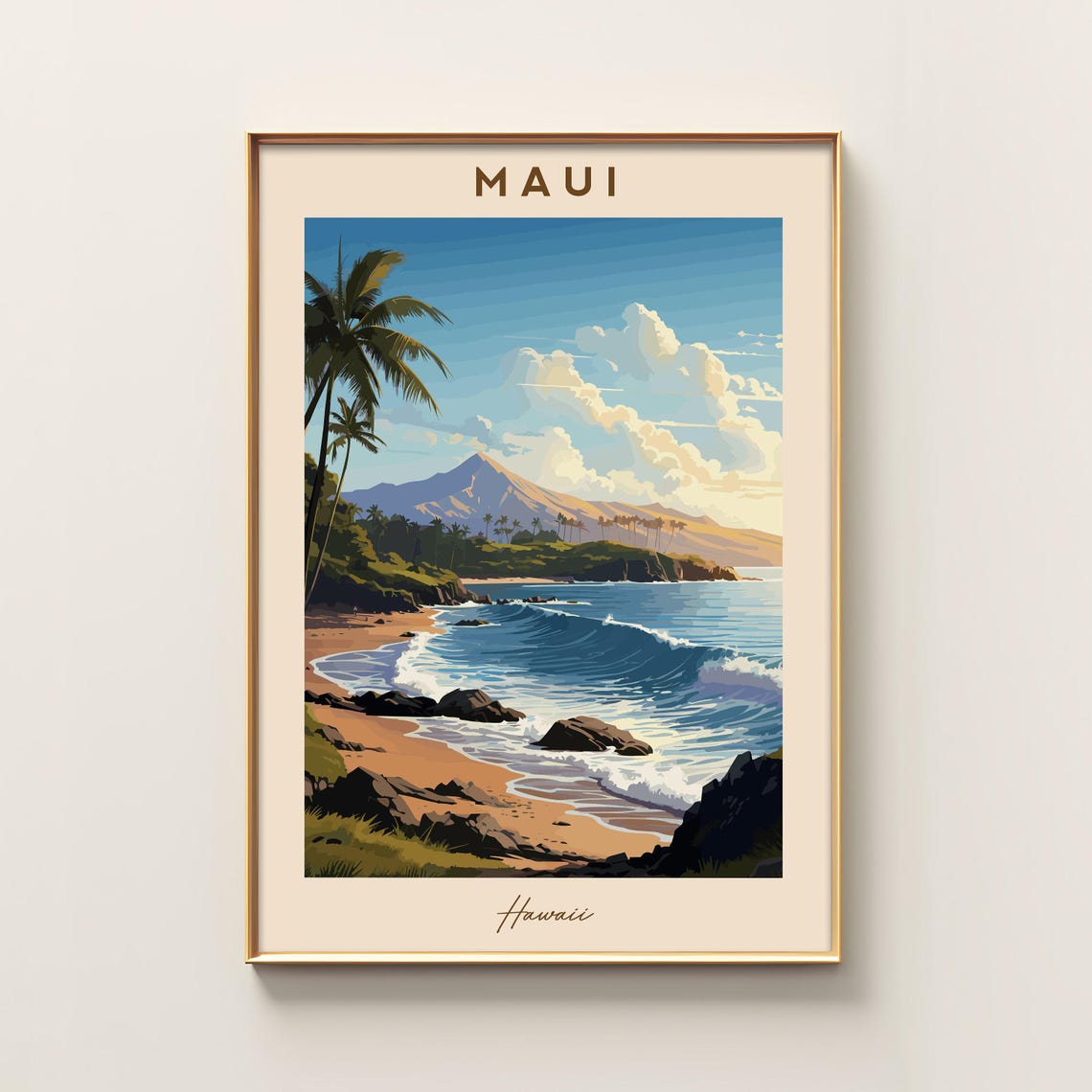 Maui Hawaii Tropical Beach Palm Waves Vintage Travel Poster Art
