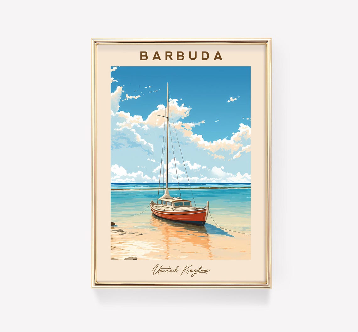 Barbuda Island Caribbean Sailboat Vintage Travel Destination Poster