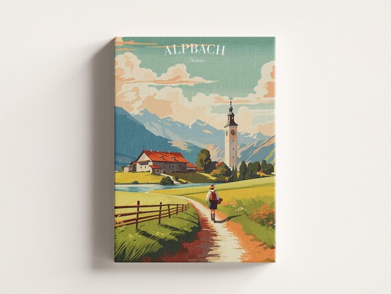 Alpbach Austria Alpine Village Church Tower Hiker Meadow Travel Poster