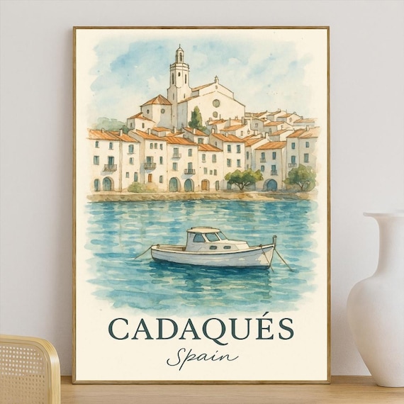 Cadaqués Spain Harbor Fishing Boat Watercolor Coastal Town Travel Poster