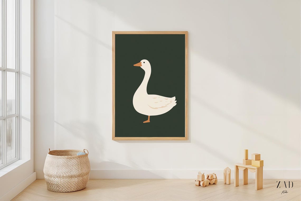 Silly Goose Minimalist Illustration Dark Green Nursery Poster