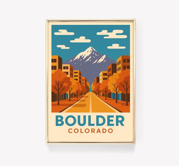 Boulder Colorado Mountain Street Fall Trees Vintage Travel Poster