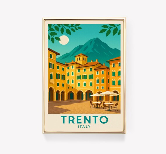 Trento Italy Alpine Mountain Piazza Vintage Style Travel Poster