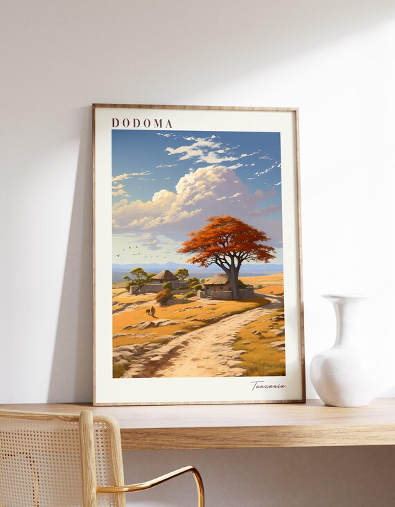 Dodoma Tanzania Savanna Baobab Tree Village Road Travel Poster Art