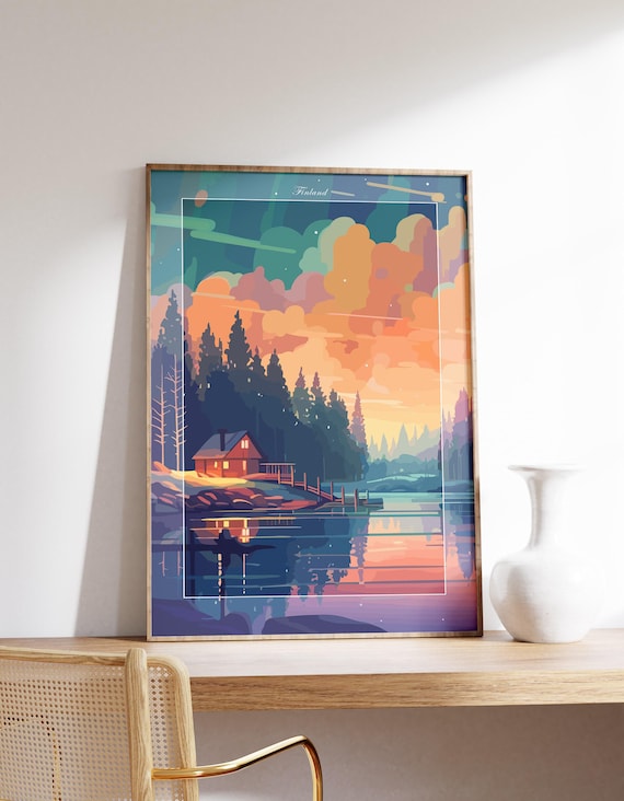 Finland Lakeside Log Cabin Northern Sunset Vintage Travel Poster