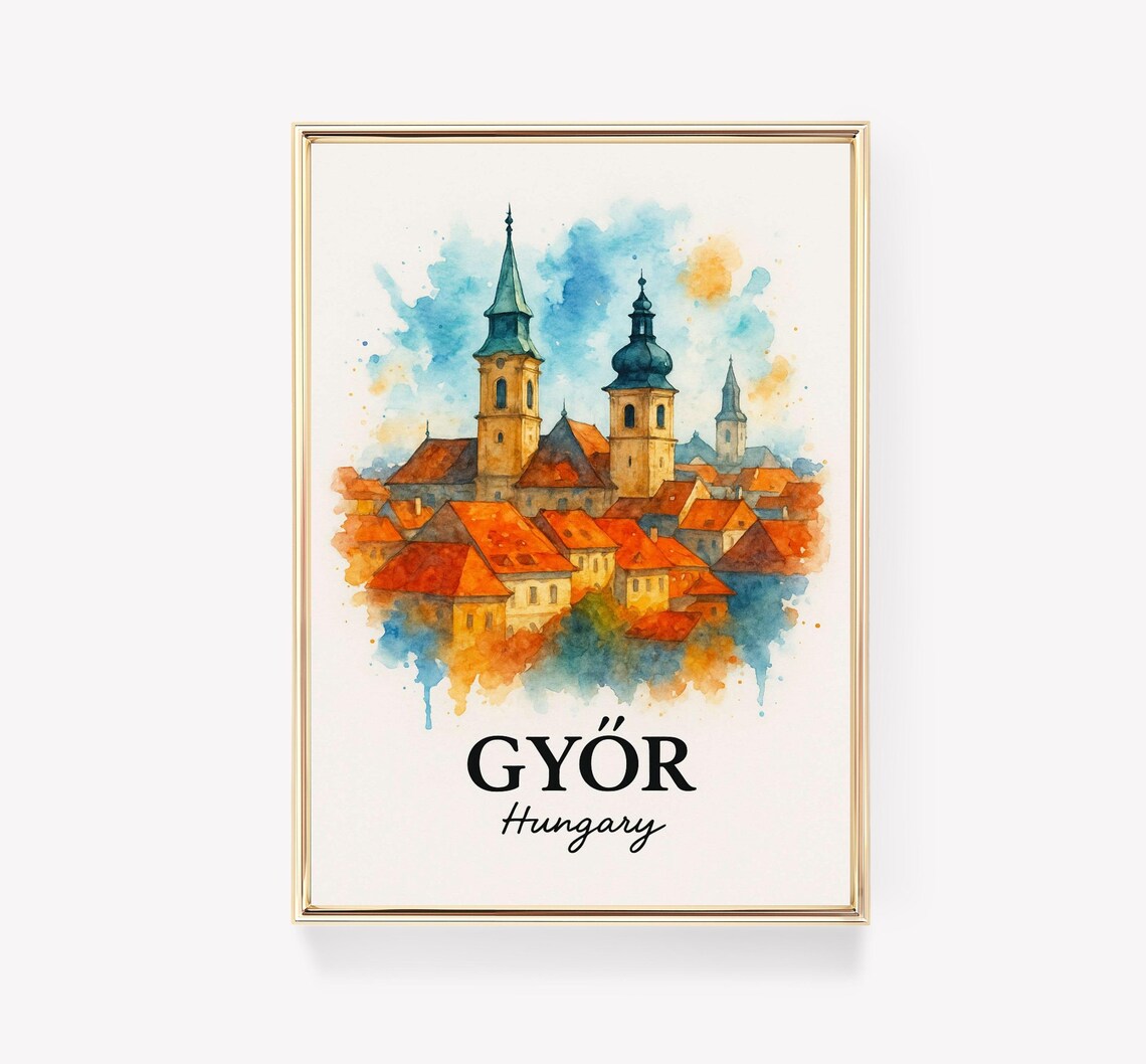 Győr Hungary Watercolor Church Towers Old Town Travel Poster