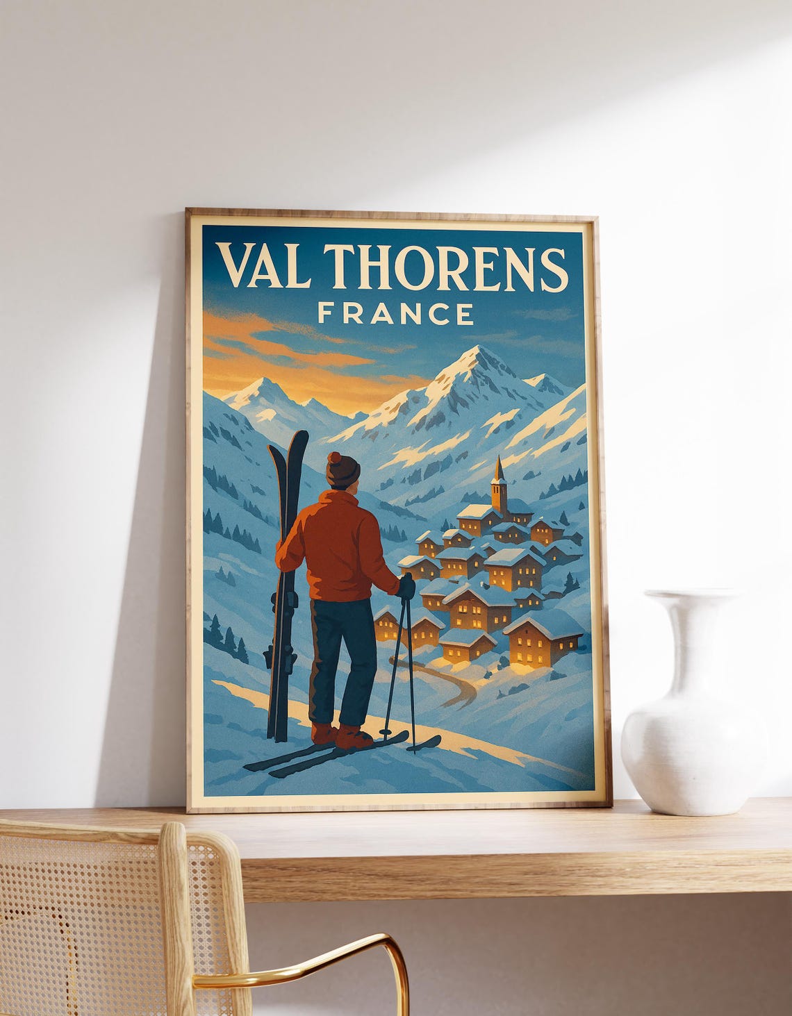 Val Thorens France Skier Alpine Village Sunset Vintage Travel Poster