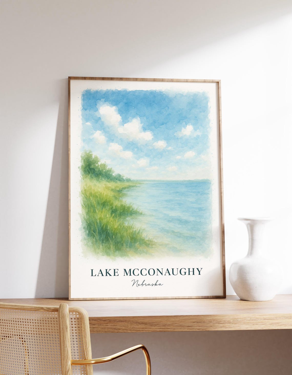 Lake McConaughy Nebraska Shore Watercolor Scenic Travel Poster