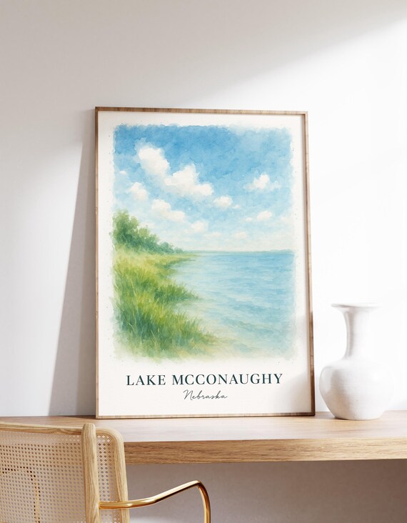 Lake McConaughy Nebraska Shore Watercolor Scenic Travel Poster