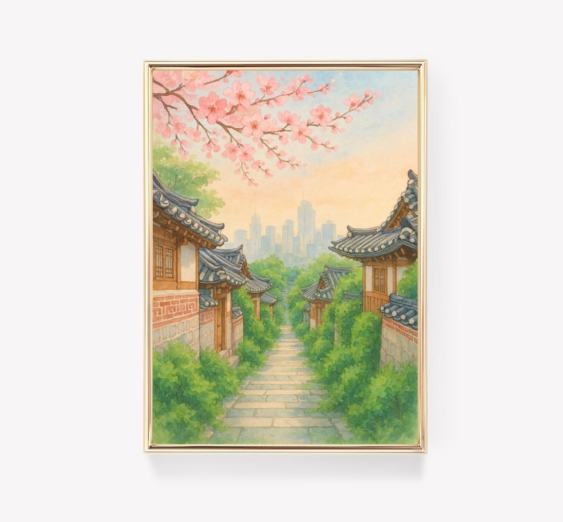 Korean Hanok Village Cherry Blossom Spring Watercolor Poster