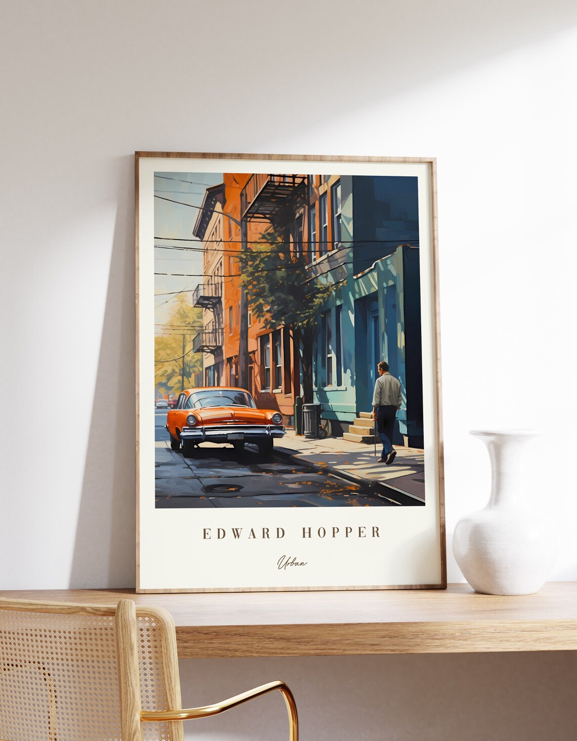 Edward Hopper Urban City Street Red Vintage Car Painting Poster