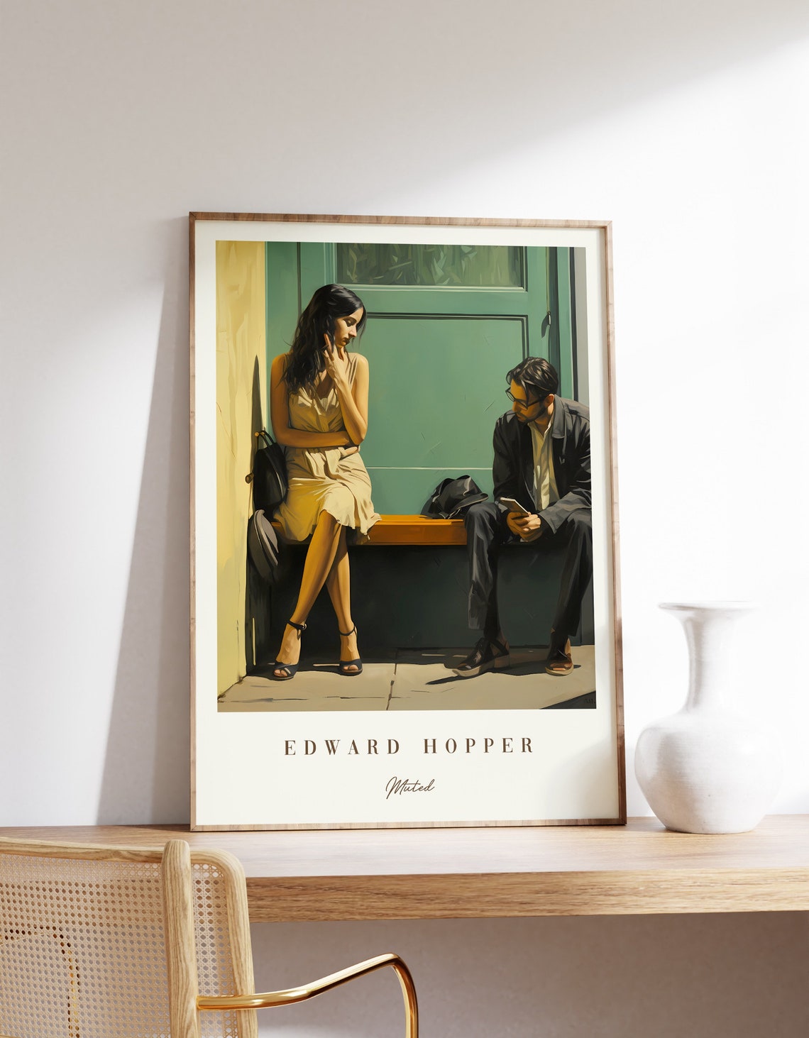 Edward Hopper Inspired Muted Couple Bench Quiet Conversation Poster
