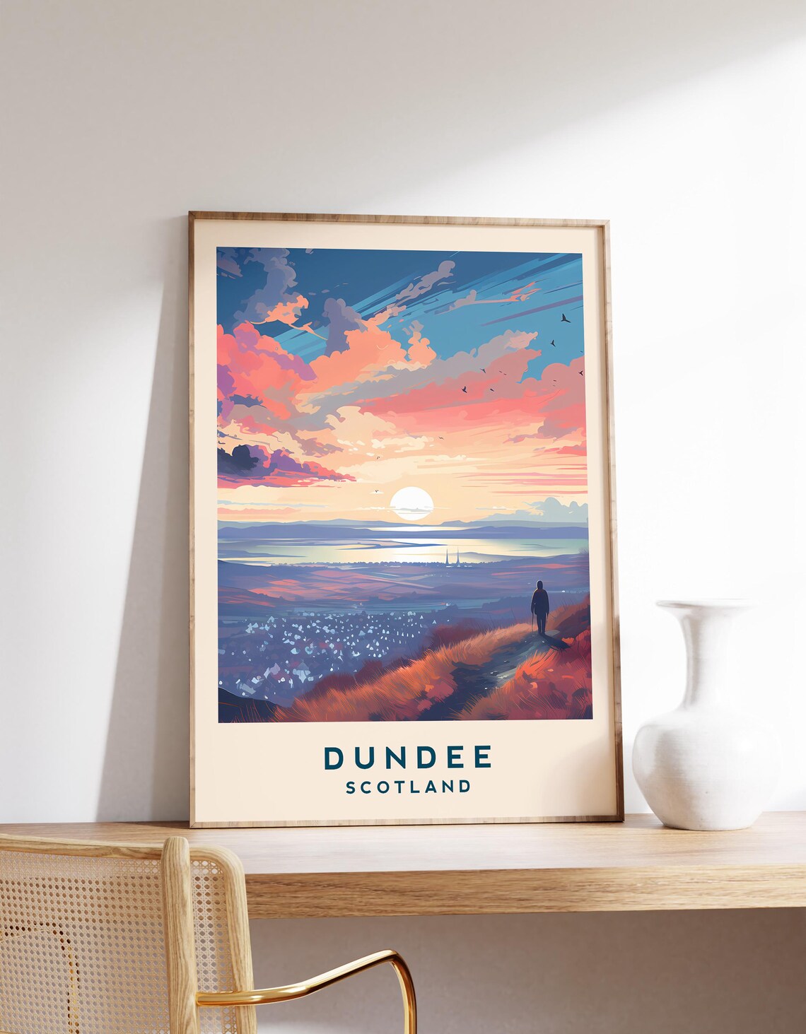 Dundee Scotland Hilltop Sunset City View Vintage Travel Poster