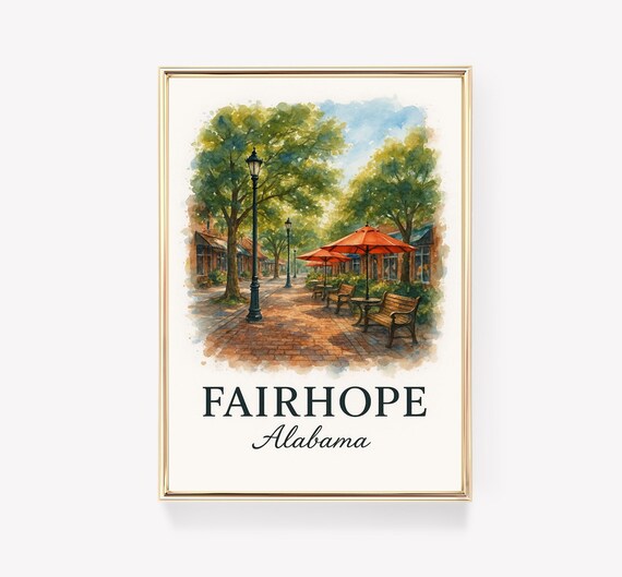 Fairhope Alabama Brick Street Umbrella Cafe Watercolor Travel Poster