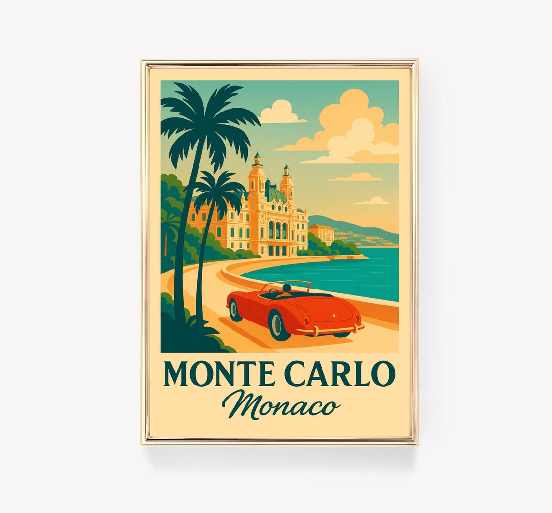 Monte Carlo Monaco Casino Red Convertible Vintage Travel Poster