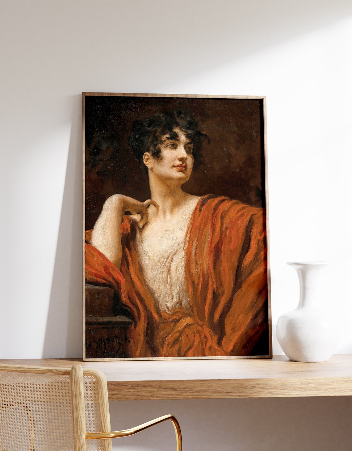 Vintage Portrait Of A Woman Eclectic Wall Decor Red Dress Oil Painting Muted Beauty Art Antique Moody