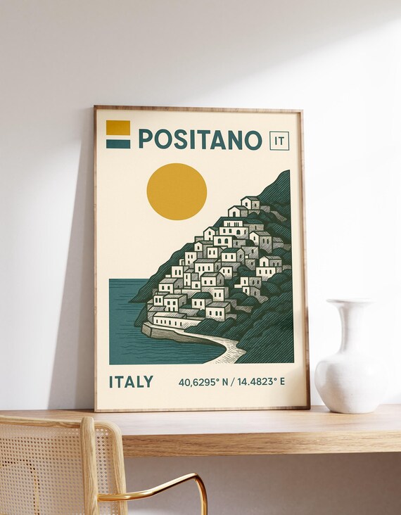 Positano Italy Amalfi Coast Sun Minimal Line Art Travel Poster