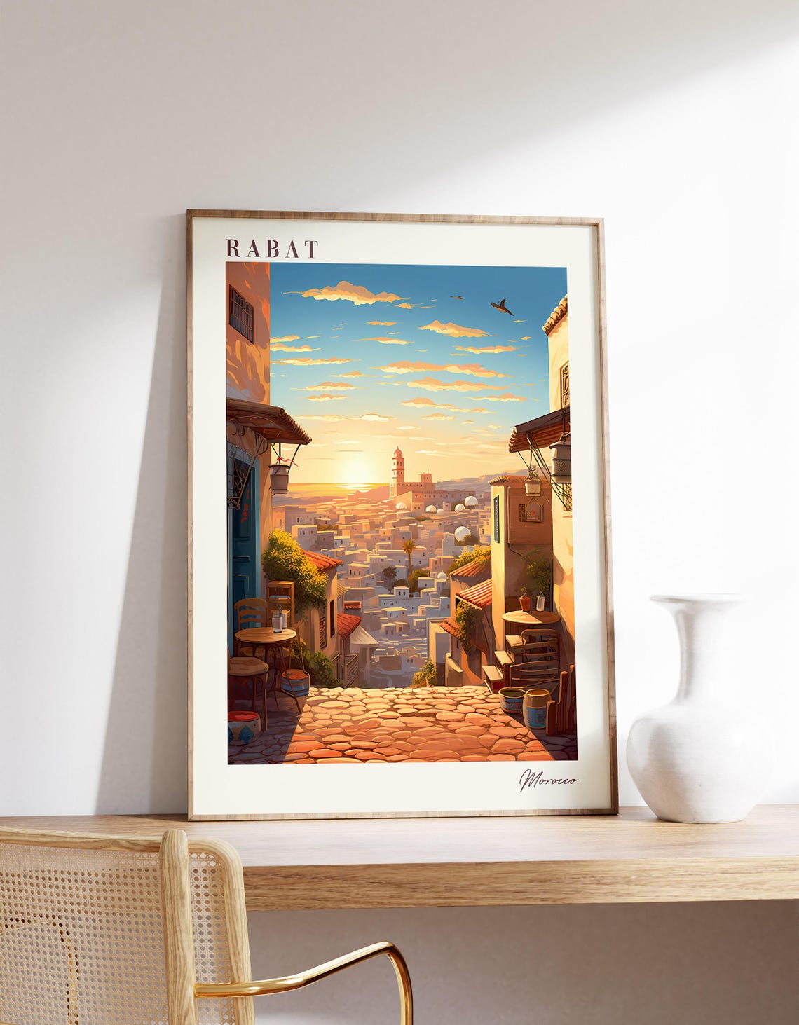 Rabat Morocco Sunset Hillside Cafe Medina View Evening Travel Poster