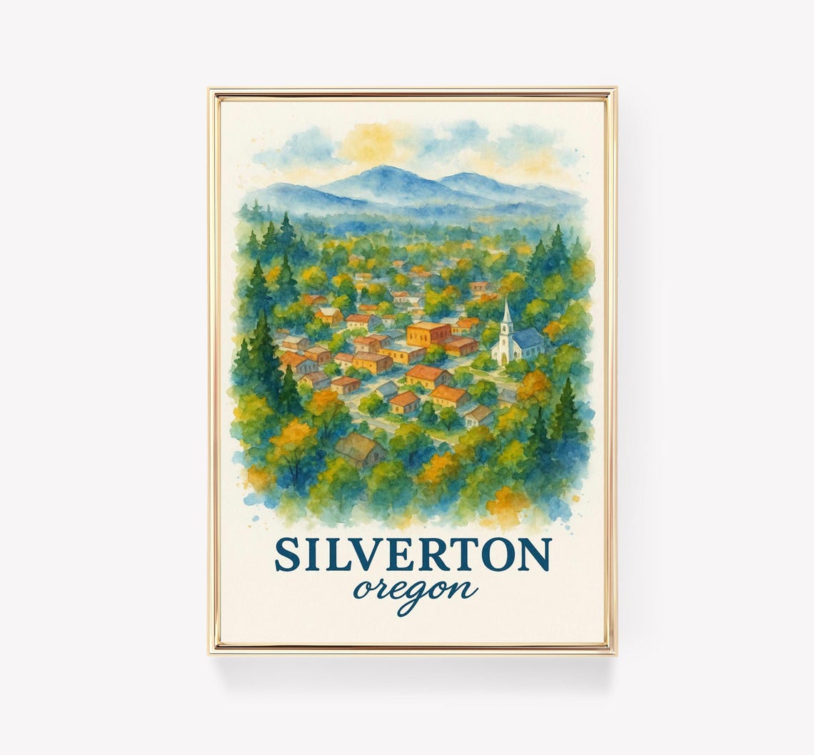 Silverton Oregon Watercolor Travel Poster Town Mountain View