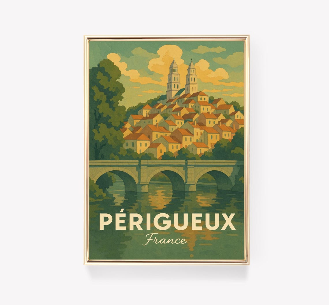 Perigueux France Travel Poster Riverside Old Town Vintage Retro Art
