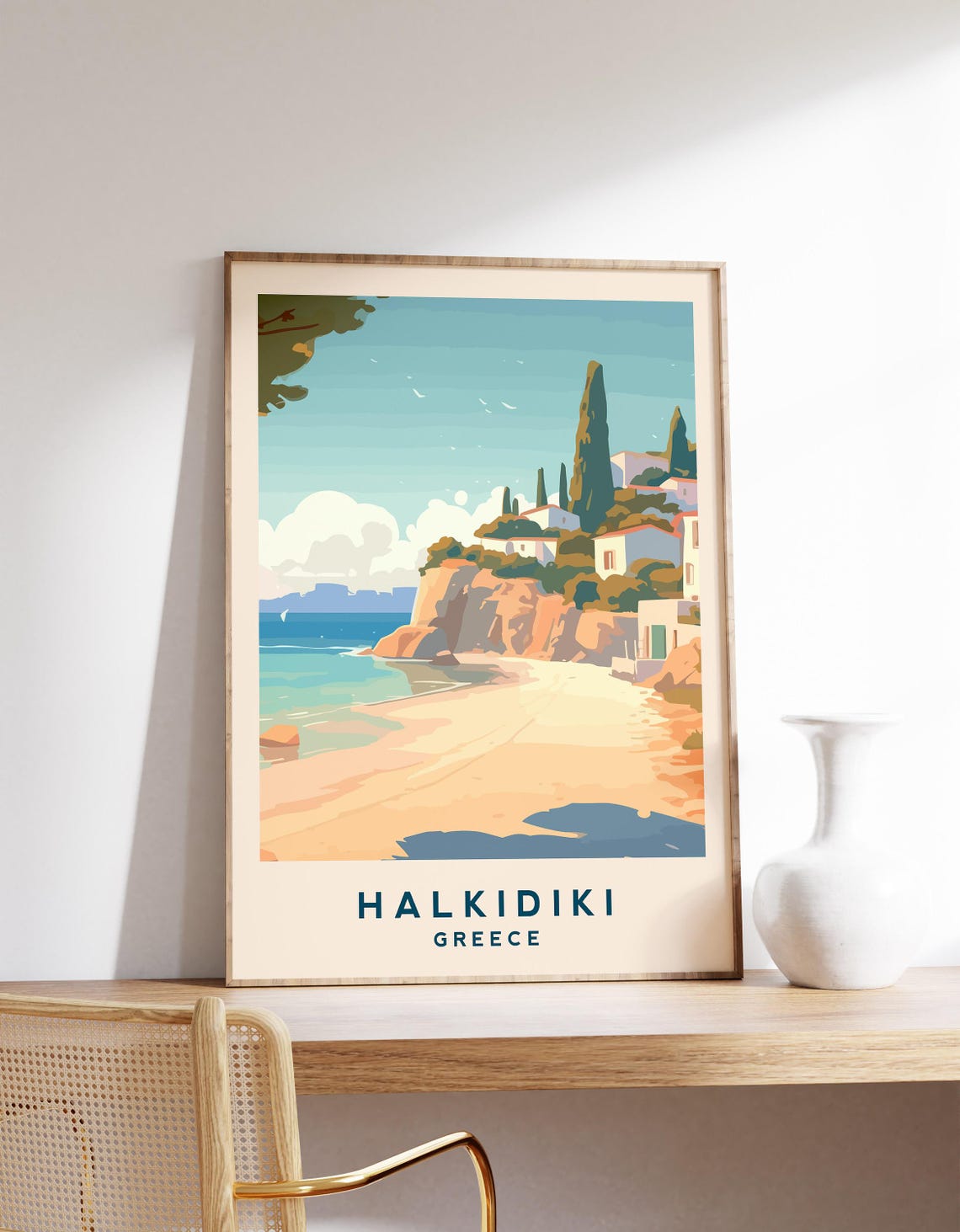 Halkidiki Greece Sandy Beach Cliffside Village Coast Travel Poster