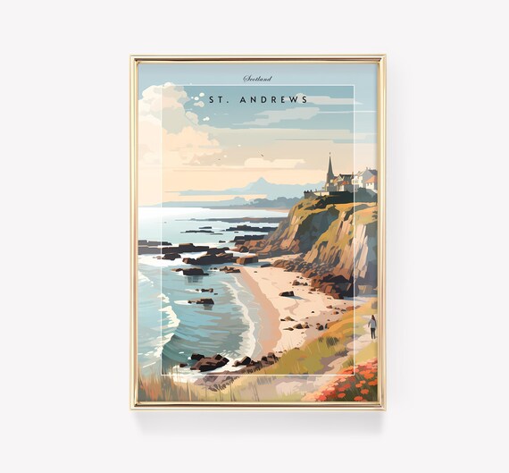 St Andrews Scotland Coastal Cliffs Beach Town Vintage Travel Poster