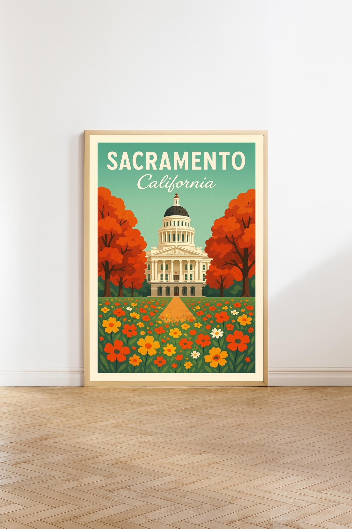 Sacramento California Capitol Flowers Retro Travel Wall Poster