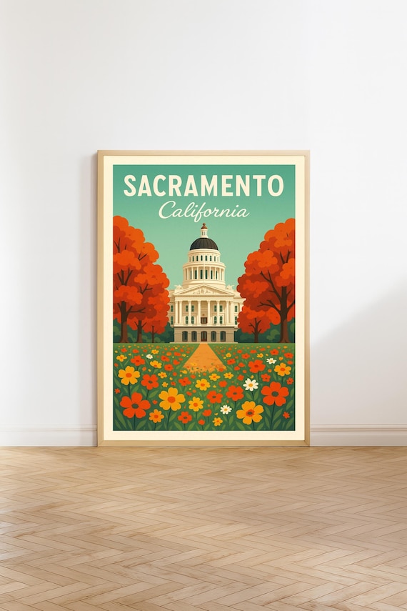 Sacramento California Capitol Flowers Retro Travel Wall Poster