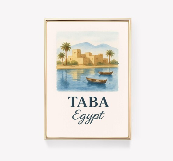 Taba Egypt Watercolor Harbor Boats Adobe Village Travel Poster
