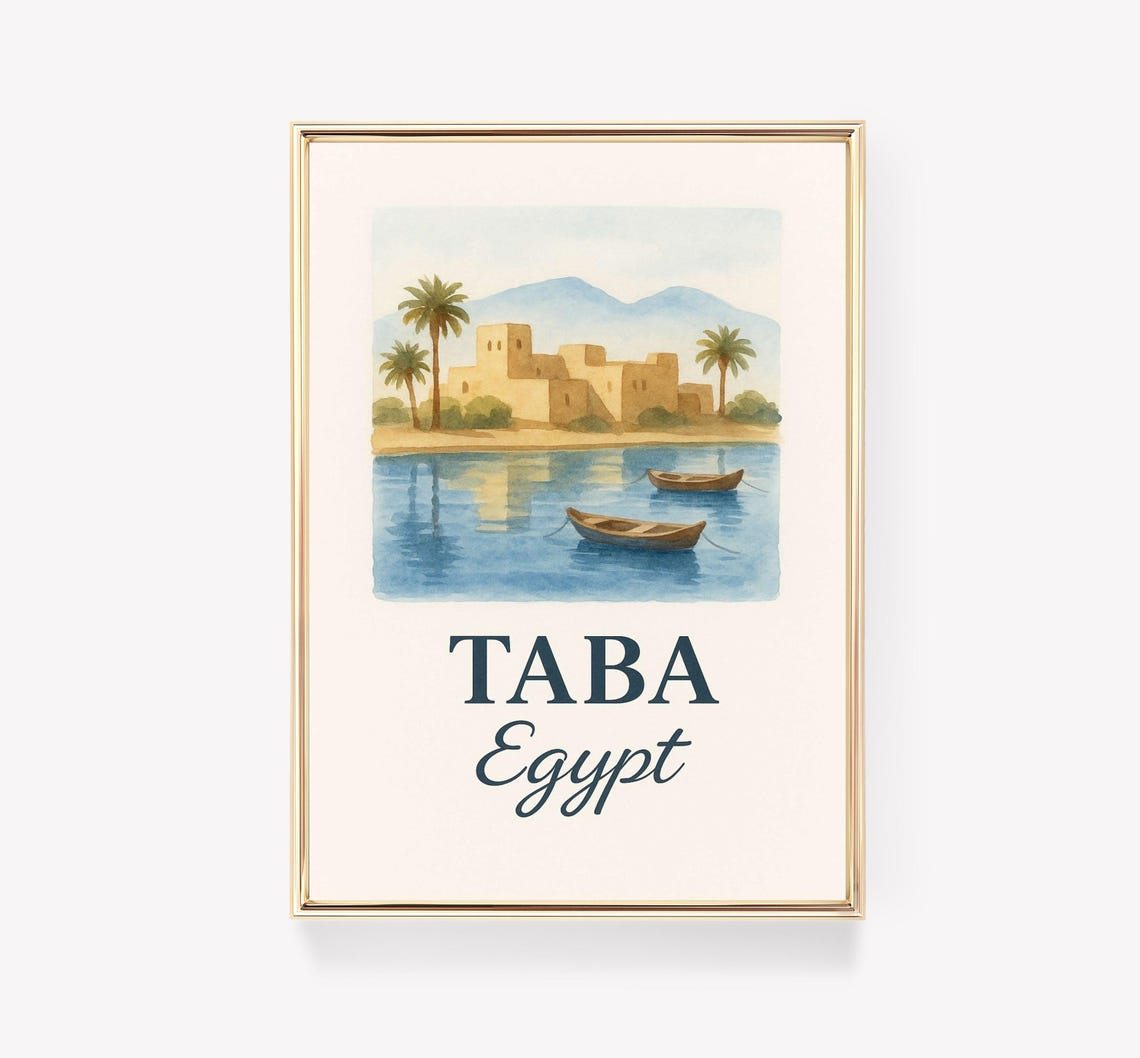 Taba Egypt Watercolor Harbor Boats Adobe Village Travel Poster