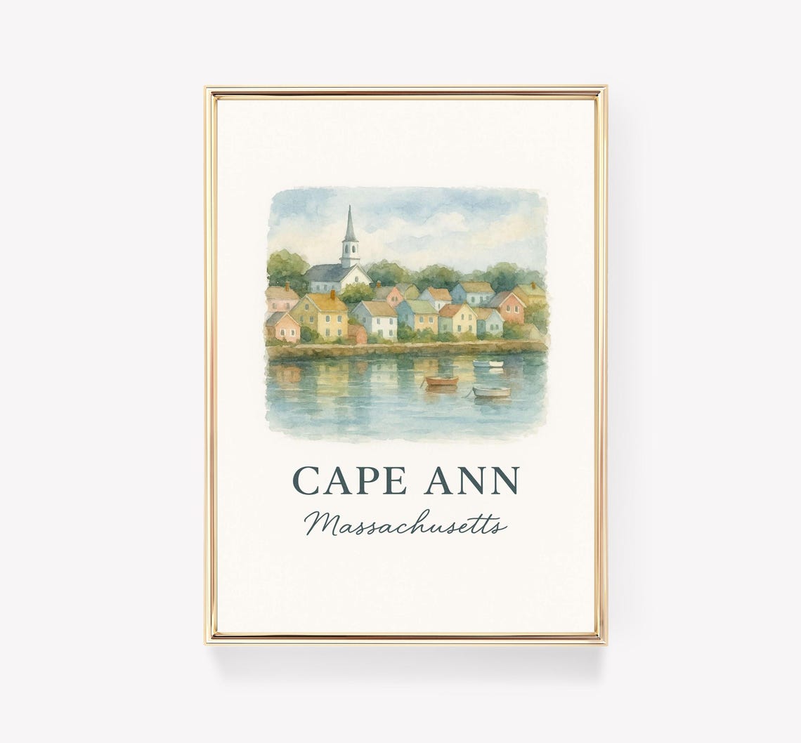 Cape Ann Massachusetts Harbor Village Watercolor Travel Poster