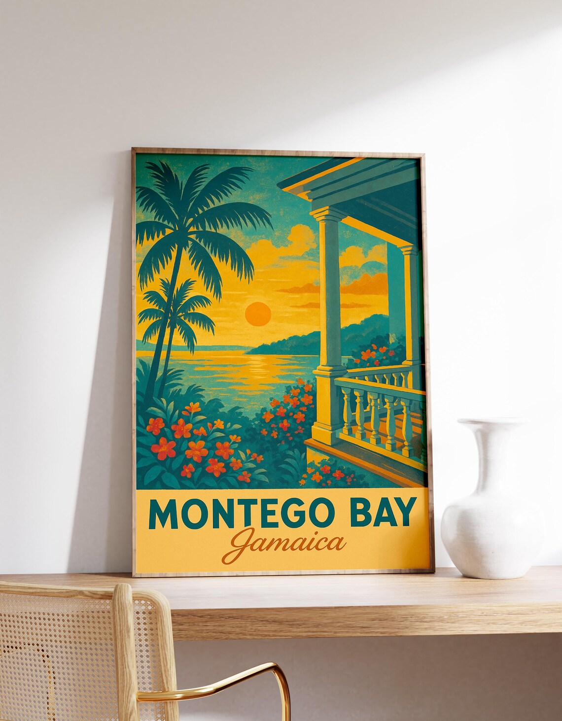 Montego Bay Jamaica Tropical Sunset Palm Porch Travel Poster