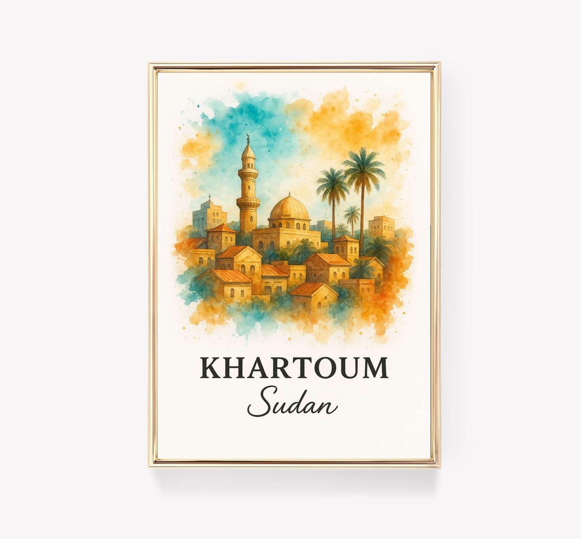 Khartoum Sudan City Mosque Skyline Watercolor Travel Art Poster