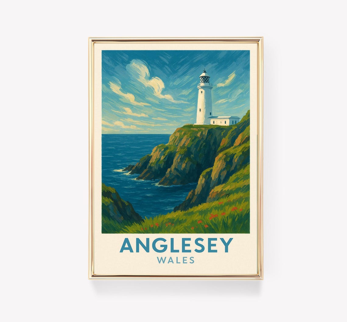 Anglesey Wales White Lighthouse Rocky Cliffs Vintage Travel Poster