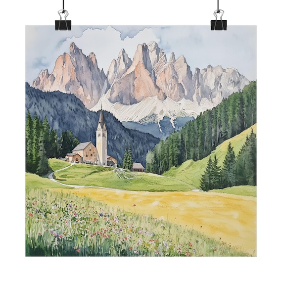 Dolomites Church Alpine Meadow Wildflowers Watercolor Travel Poster Italy Scenic Art