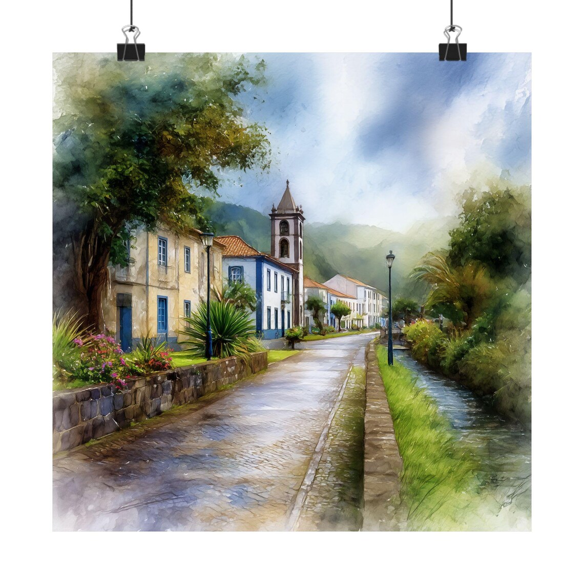 Azores Islands Watercolor Travel Poster, Portugal