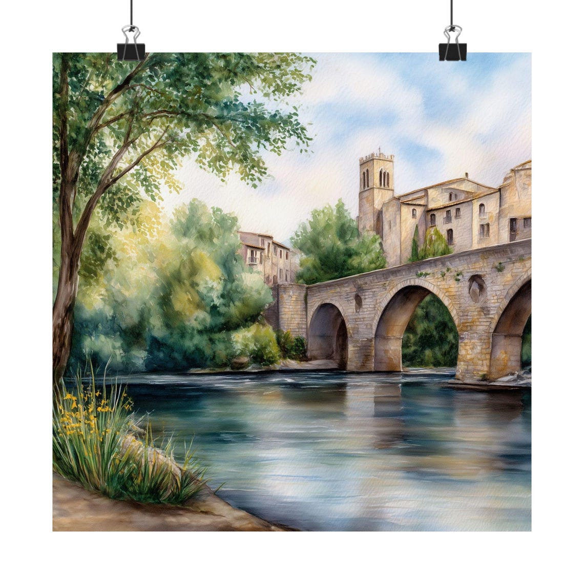 Besalu Spain Medieval Stone Bridge Over River Watercolor Poster
