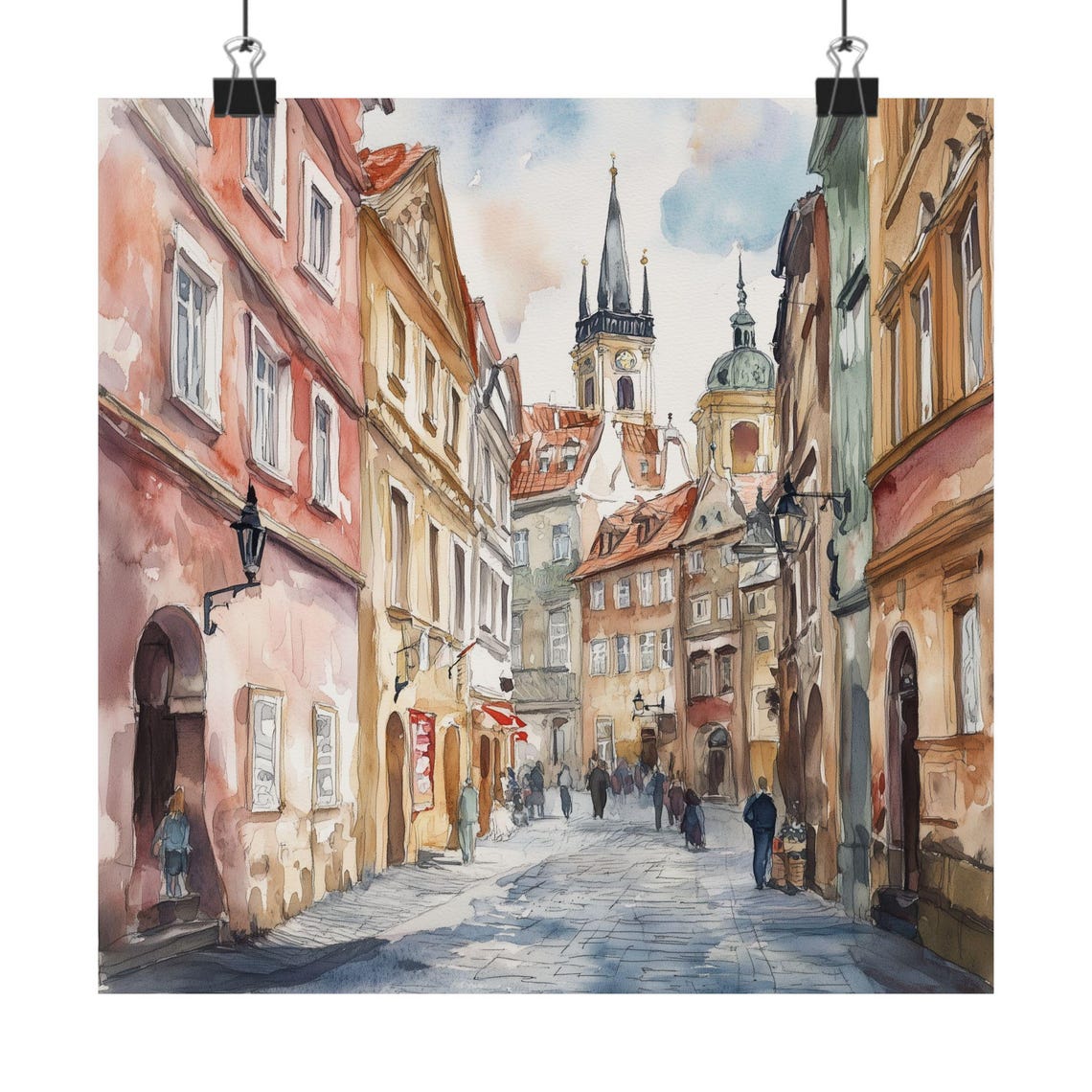 Prague Watercolor Painting Streetscape Art Print Czech Republic Travel Poster Quaint Cityscape Europe European Gift