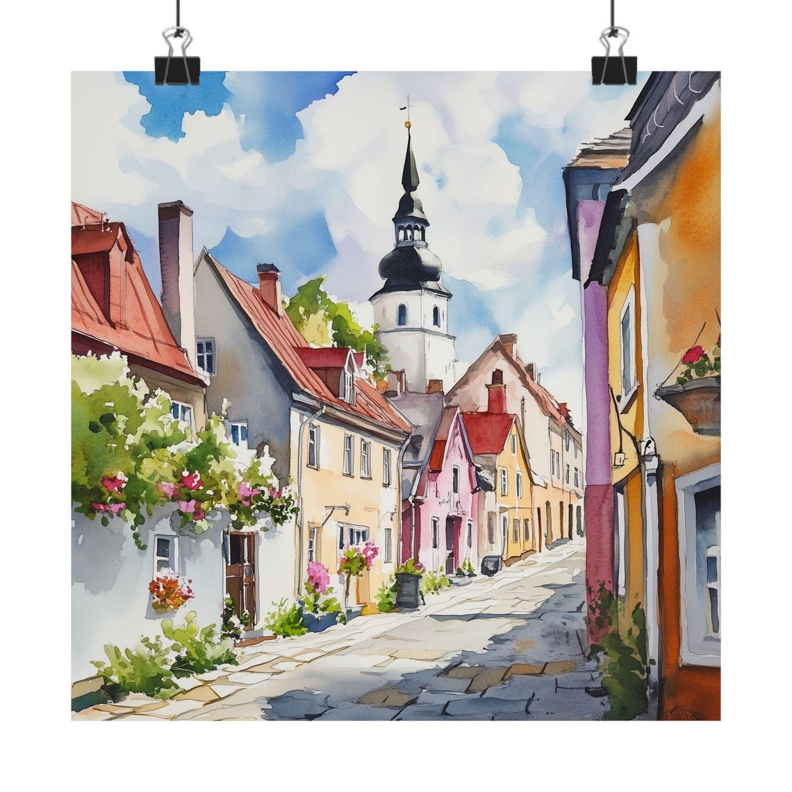 Estonia Painting Tallinn Streetscape Art Watercolor Print Old Town Cobblestone Cityscape Artwork Europe Travel Poster Gifts