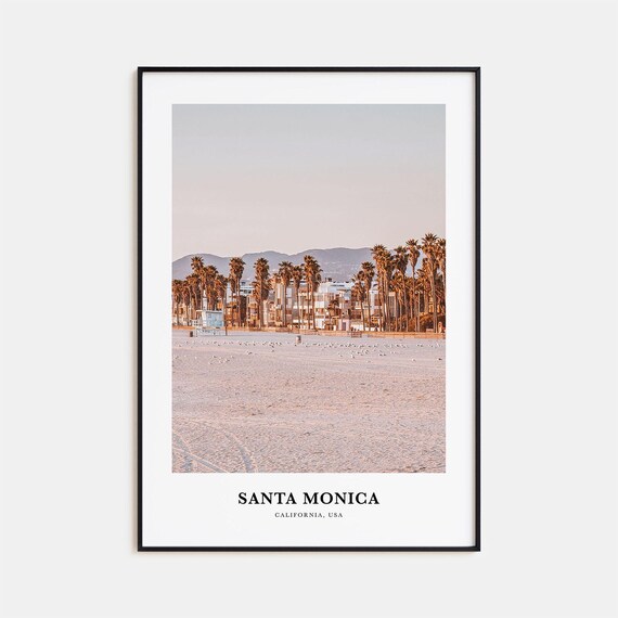 Santa Monica California Beach Palm Trees Sunset Travel Photo Poster