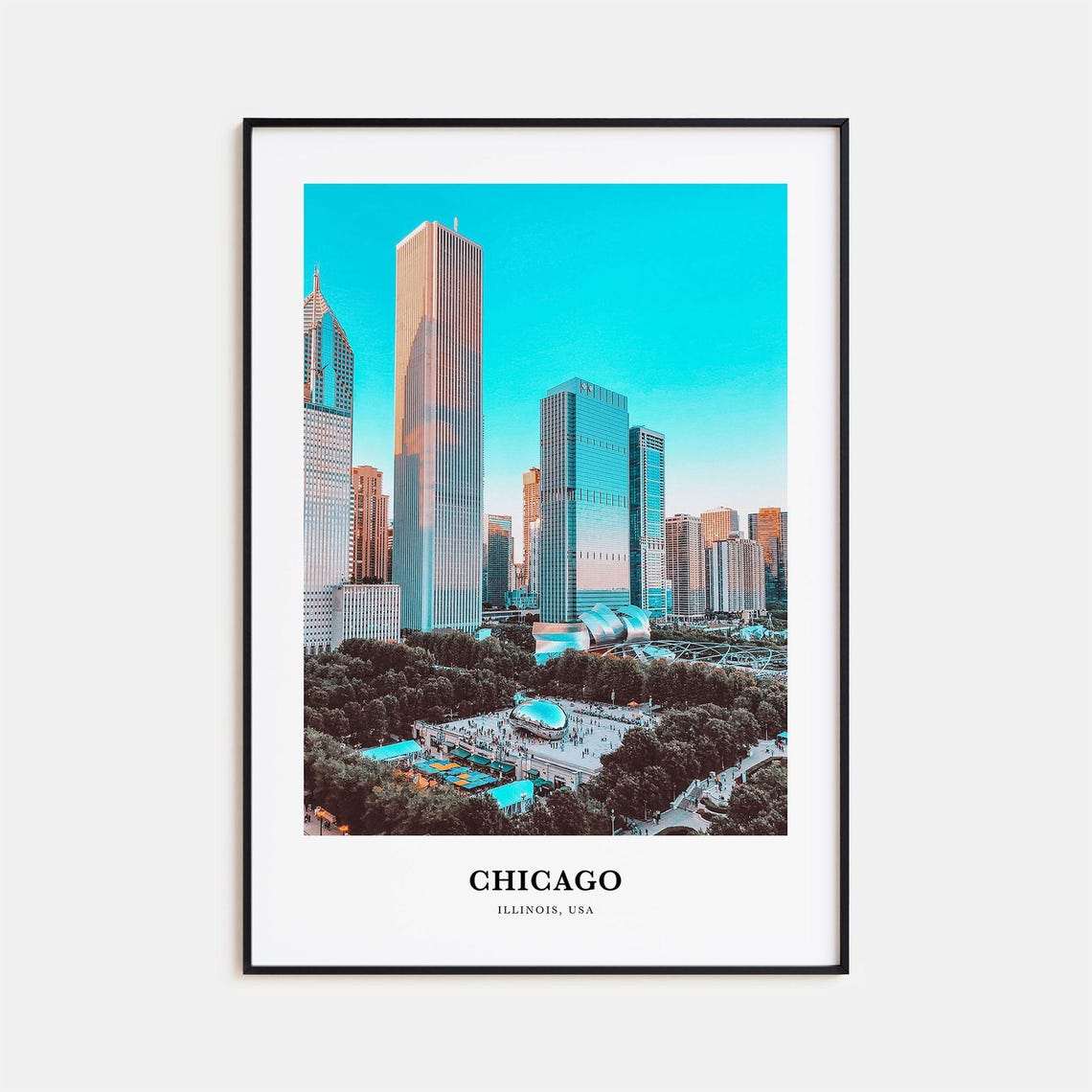 Chicago Millennium Park Skyline Cloud Gate Turquoise Sky Travel Poster