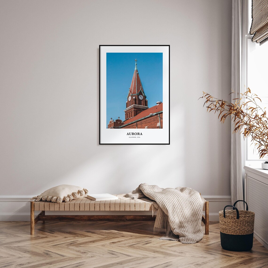Aurora Illinois Historic Church Steeple Clock Minimalist Travel Poster - Image 3