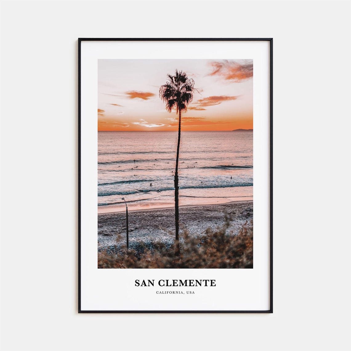 San Clemente California Palm Tree Sunset Beach Surfers Poster