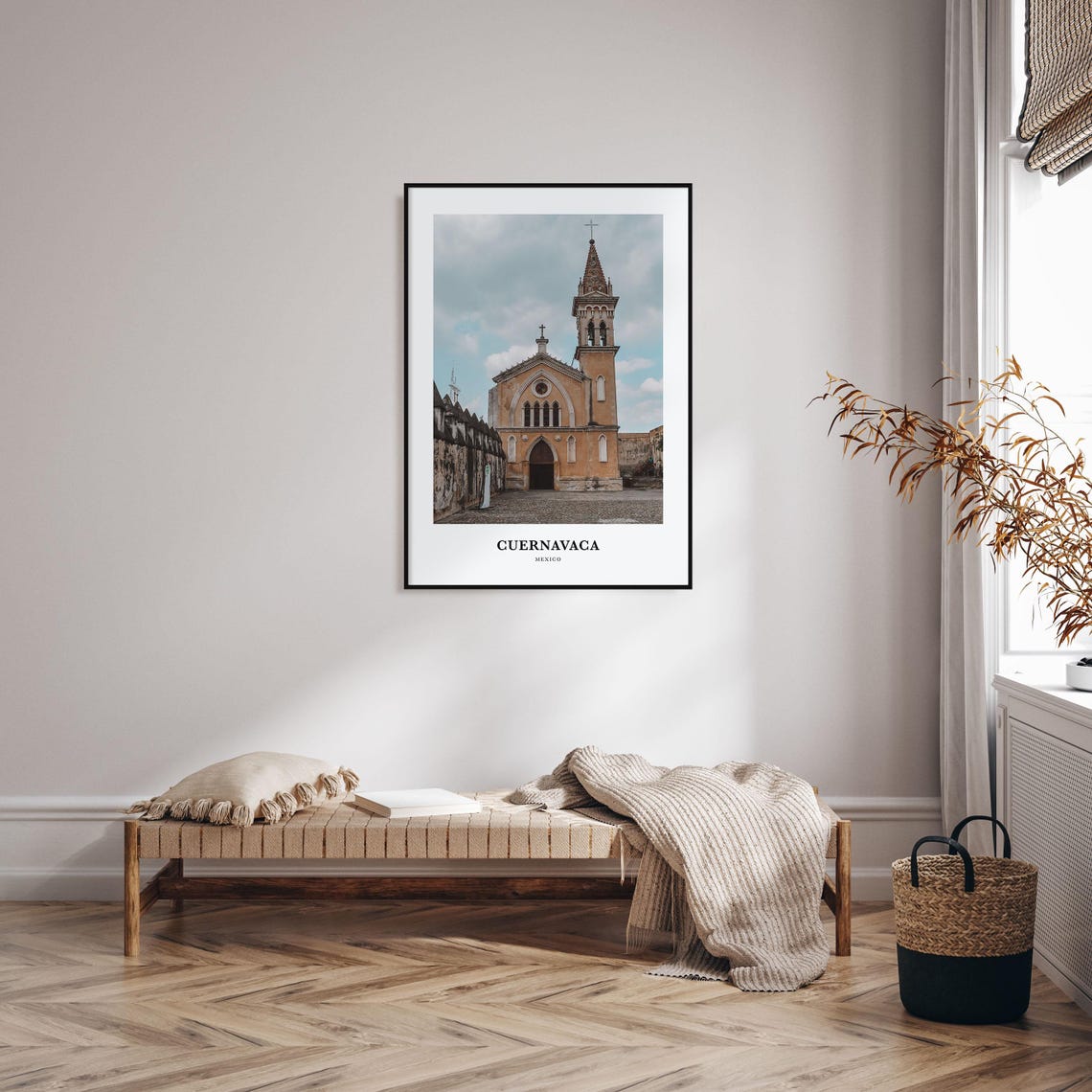 Cuernavaca Mexico Colonial Church Facade and Cobblestone Plaza Poster - Image 3